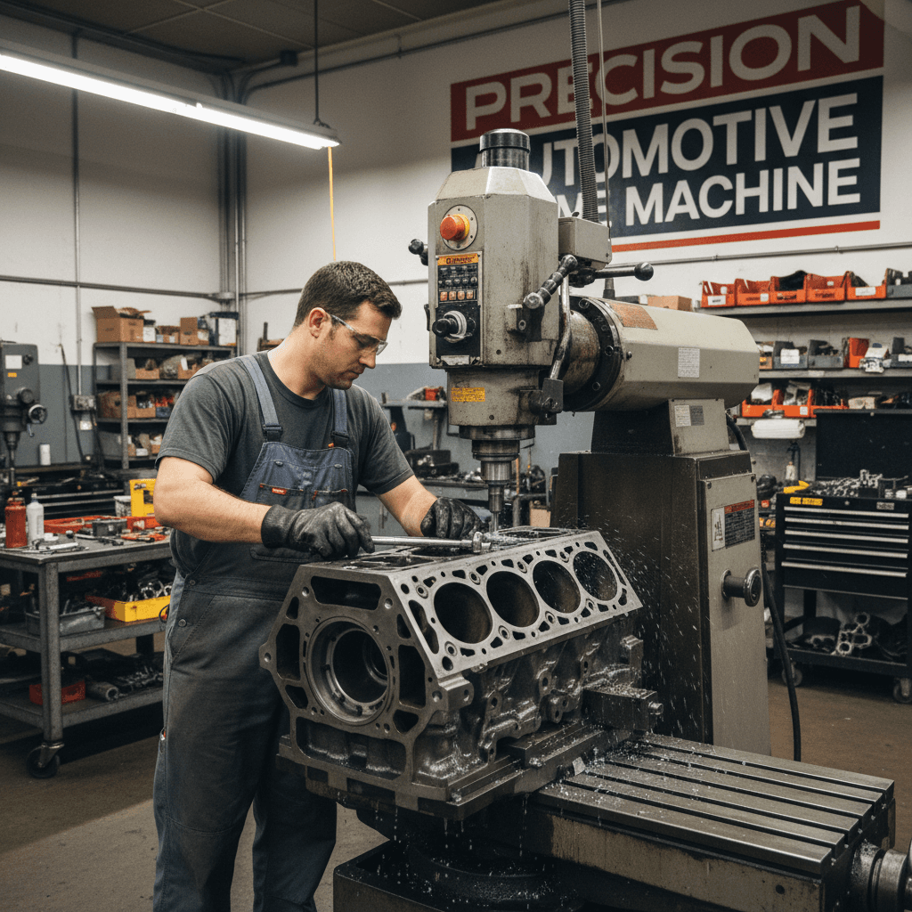 Engine block being machined on a milling machine in a machine shop