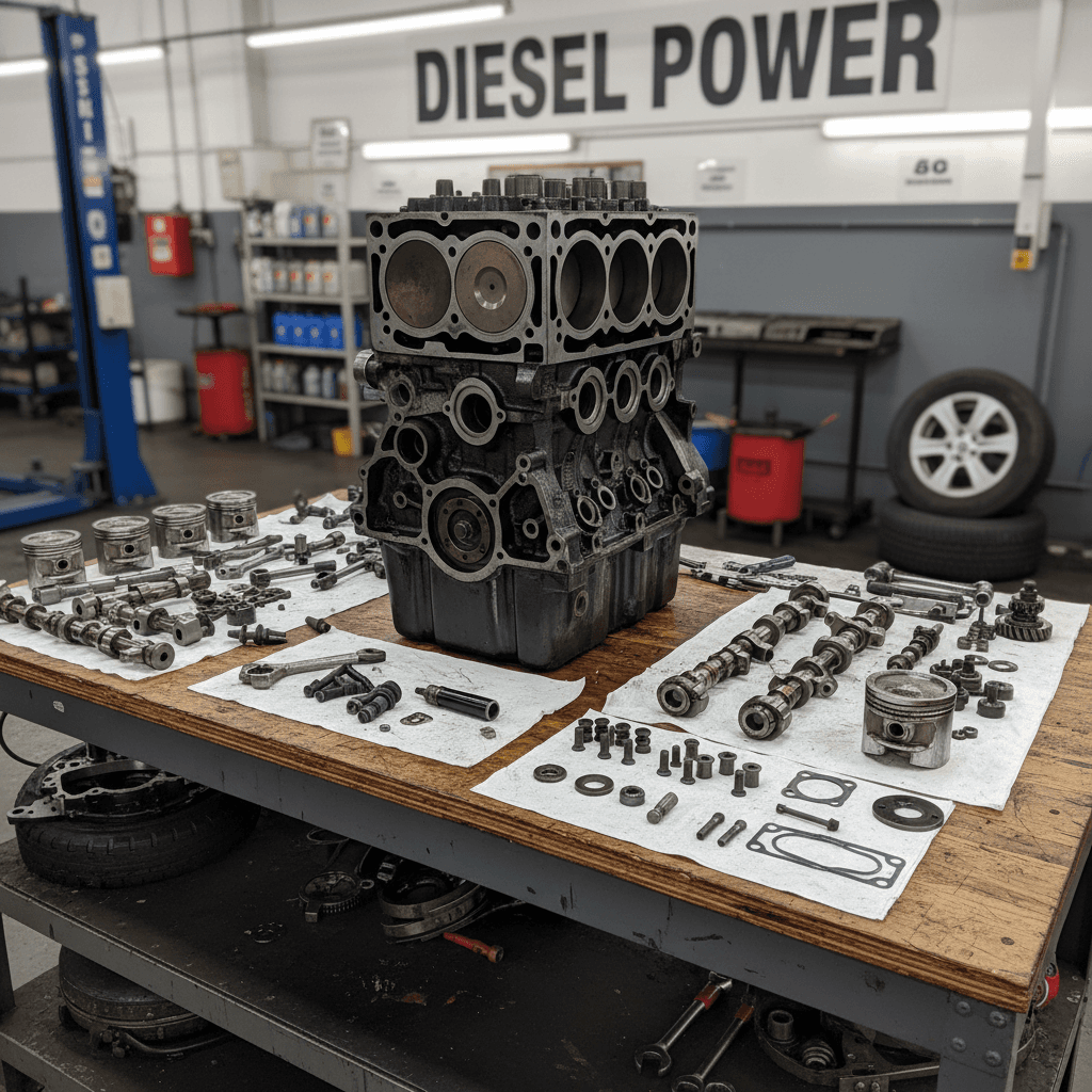 Disassembled diesel engine block on a workbench with parts laid out