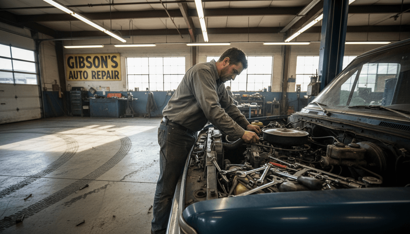 Mechanic working under the open hood of a pickup truck in a repair shop