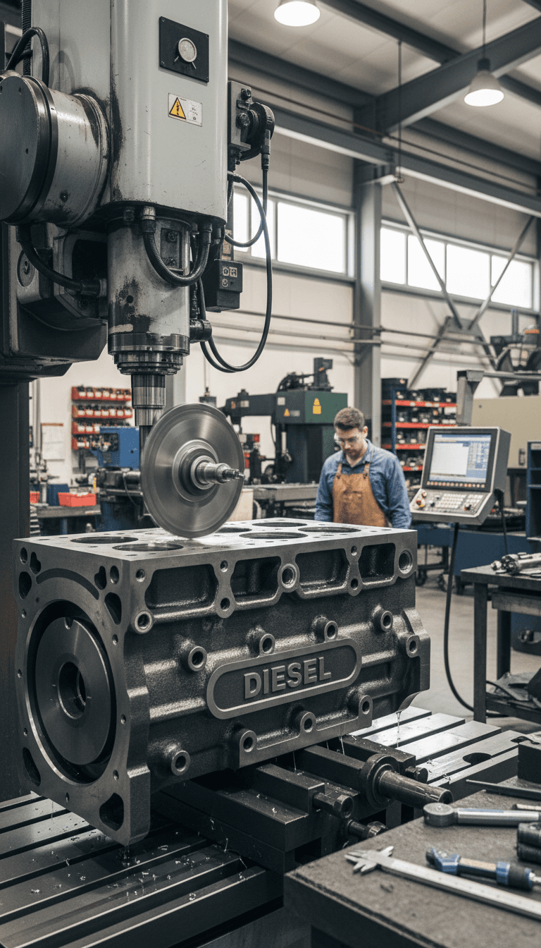 Diesel engine block machined in workshop
