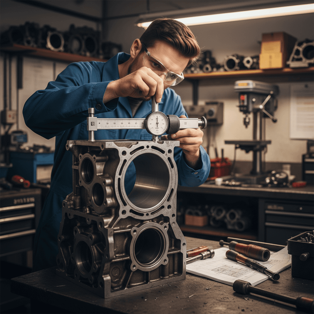 Mechanic using a precision tool to measure an engine cylinder