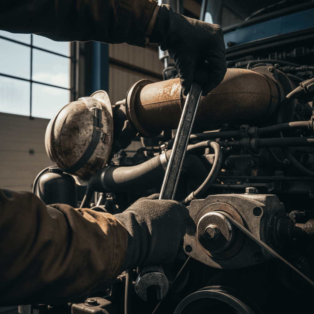 Diesel mechanic working on a truck engine in a workshop