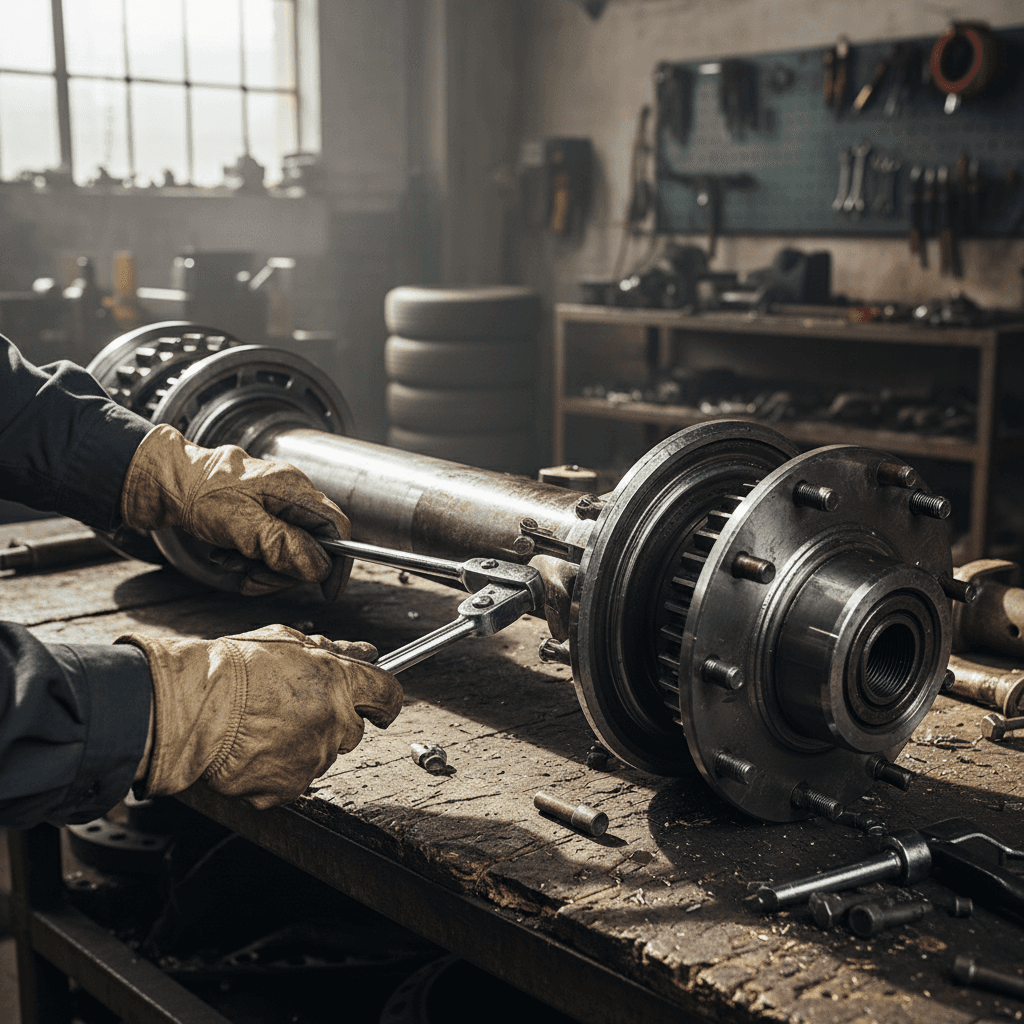 Diesel mechanic standing by a lifted truck in a dark workshop